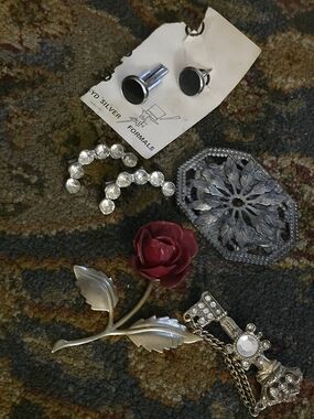 Vintage Red Rose Brooch And Set Of Vintage Jewelry